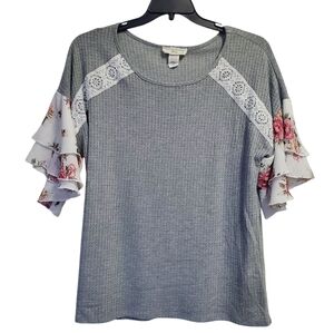 Blue Women's Waffle Gray Floral Ruffle Sleeve Top Size L